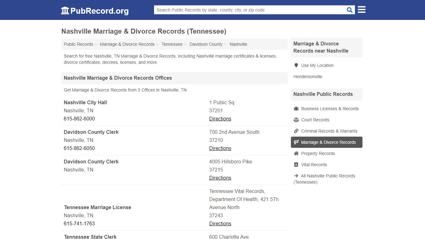 Nashville Marriage & Divorce Records (Tennessee)